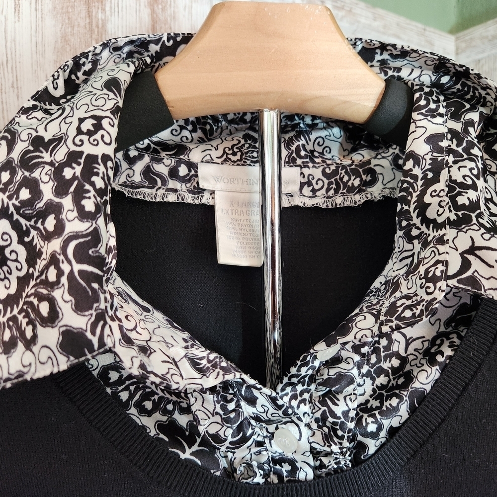 Worthington Black and White Floral Blouse With Attached Black Vest